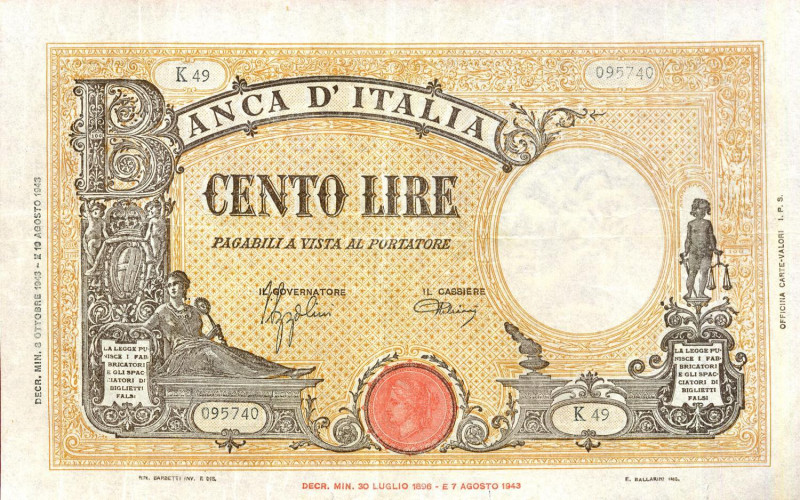 CARTAMONETA - BANCA d'ITALIA - Repubblica Sociale (1943-1945) - 100 Lire - Barbe...