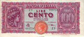 CARTAMONETA - BANCA d'ITALIA - Luogotenenza (1944-1946) - 100 Lire - Italia Turrita 10/12/1944 Alfa 425; Lireuro 25A Introna/Urbini

Status: BB+