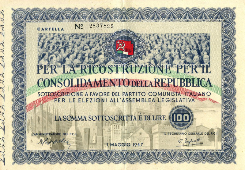 CARTAMONETA - BUONI PARTIGIANI - Toscana - 100 Lire Sottoscrizione 01/05/1947 Ga...