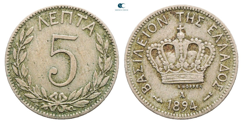 Greece. Georgios I AD 1863-1913. 
5 Lepta 1894

17 mm, 2,02 g



Very Fin...