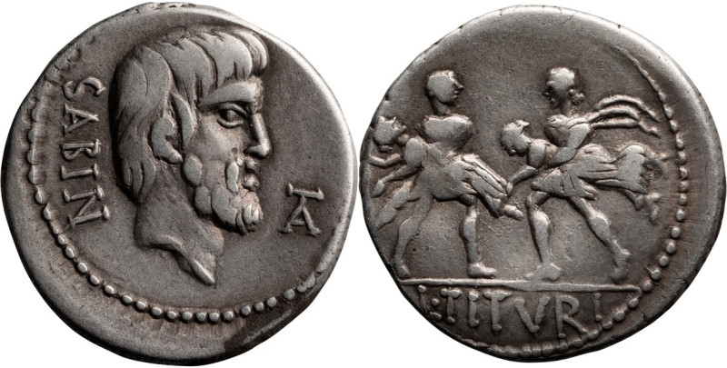 L. Titurius L.f. Sabinus. Denarius; L. Titurius L.f. Sabinus; 89 BC, Denarius, 3...