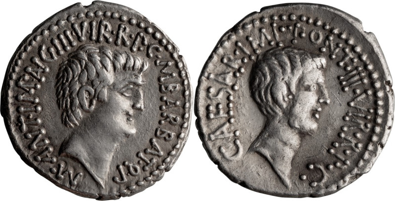 Mark Antony and Octavian. Denarius; Mark Antony and Octavian; 41 BC, M. Barbatiu...