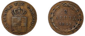Greece, King Otto, 1832-1862. 2 Lepta, 1842, First Type, Athens mint, 2.56g (KM14; Divo 25i).

Very fine.