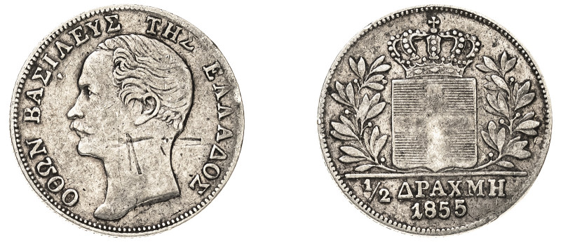 Greece, King Otto, 1832-1862. 1/2 Drachma, 1855, Second Type, Vienna mint, varie...