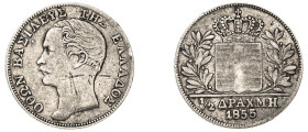 Greece, King Otto, 1832-1862. 1/2 Drachma, 1855, Second Type, Vienna mint, variety with “dot” in front of head, 2.21g (KM34; Divo 15b).

Very fine to ...