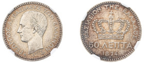 Greece, King George I, 1863-1913. 50 Lepta, 1874 A, First Type, Paris mint (KM37; Divo 55b; IV2).

Graded MS62 NGC.