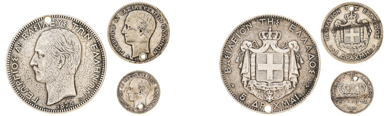 Greece, King George I, 1863-1913. Lot of 3 holed coins comprising Drachma, date ...