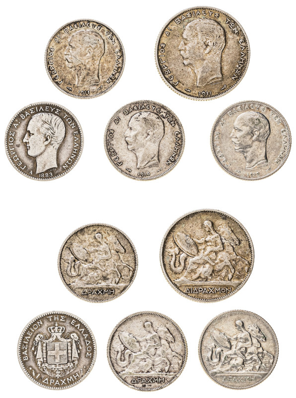Greece, King George I, 1863-1913. Lot of 5 coins comprising Drachma, 1883 A, Fir...