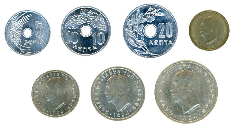 Greece, King Paul, 1947-1964. Complete set, 1954 (7), (5 Lepta to 5 Drachmai, 5 ...