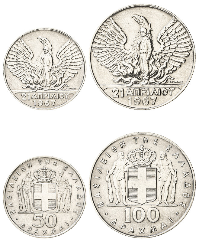 Greece, King Constantine II, 1964-1973. Lot of 2 coins comprising 50 Drachmai, N...
