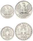 Greece, King Constantine II, 1964-1973. Lot of 2 coins comprising 50 Drachmai, ND (1970), Kremnitz mint, 12.51g (KM93) and 100 Drachmai, ND (1970), Kr...