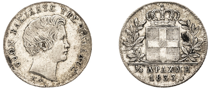 Greece, King Otto, 1832-1862. 1/4 Drachma, 1833, First Type, Munich mint, 1.00g ...