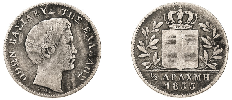 Greece, King Otto, 1832-1862. 1/2 Drachma, 1833, First Type, Munich mint, 2.28g ...