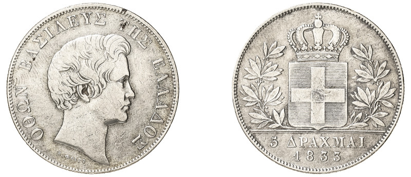 Greece, King Otto, 1832-1862. 5 Drachmai, 1833, First Type, Munich mint, 22.17g ...