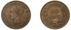 Greece, King George I, 1863-1913. 10 Lepta, 1869 BB, First Type, Strasbourg mint, 9.79g (KM43; Divo 59a; IV8).

Extremely fine.