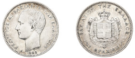 Greece, King George I, 1863-1913. Drachma, 1883 A, First Type, Paris mint, 5.00g (KM38; Divo 53d; IV3). 

Extremely fine or better.