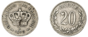 Greece, King George I, 1863-1913. 20 Lepta, 1893 A, Second Type, Paris mint, 3.77g (KM57; Divo 57a; IV21).

Very fine.