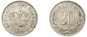 Greece, King George I, 1863-1913. 20 Lepta, 1894 A, Second Type, Paris mint, 3.90g (KM57; Divo 57b; IV21).

Extremely fine or better.