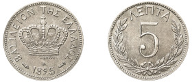 Greece, King George I, 1863-1913. 5 Lepta, 1895 A, Third Type, Paris mint, 2.00g (KM58; Divo 65b; IV22).

About uncirculated.