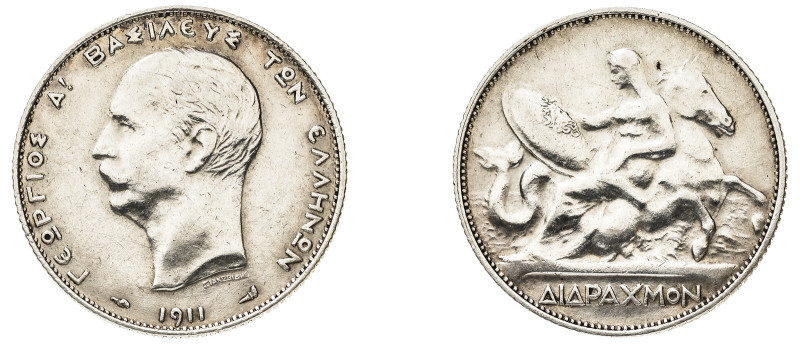 Greece, King George I, 1863-1913. 2 Drachmai, 1911, Second Type, Paris mint, 9.9...