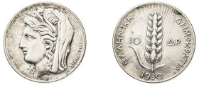 Greece, First Republic, 1924-1935. 10 Drachmai, 1930, London mint, 7.00g (KM72; Divo 105).

Extremely fine.