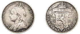 Cyprus, British Administration, Victoria, 1837-1901. 4 1/2 Piastres, 1901, Royal mint, 2.79g (KM5; Fitikides 41).

Very fine with a couple of small sc...
