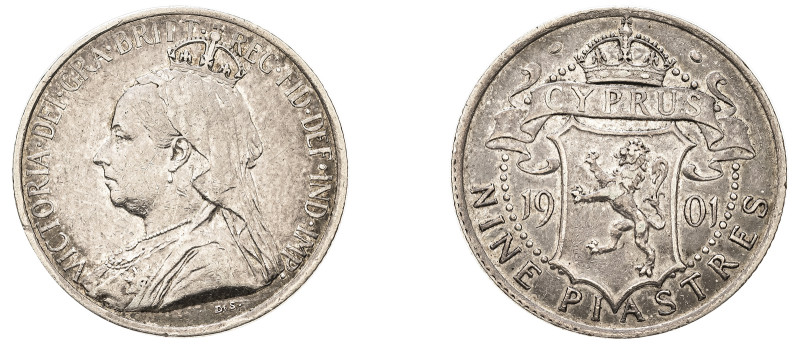 Cyprus, British Administration, Victoria, 1837-1901. 9 Piastres, 1901, Royal min...