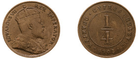 Cyprus, British Administration, Edward VII, 1901-1910. 1/4 Piastre, 1902, Royal mint, 2.67g (KM8; Fitikides 44).

Very fine with tiny knocks.