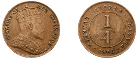 Cyprus, British Administration, Edward VII, 1901-1910. 1/4 Piastre, 1905, Royal mint, 3.00g (KM8; Fitikides 45).

Extremely fine with tiny knock on pe...
