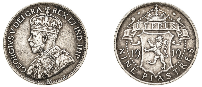 Cyprus, British Administration, George V, 1910-1936. 9 Piastres, 1919, Royal min...