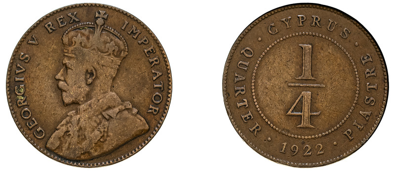 Cyprus, British Administration, George V, 1910-1936. 1/4 Piastre, 1922, Royal mi...