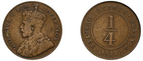 Cyprus, British Administration, George V, 1910-1936. 1/4 Piastre, 1922, Royal mint, 2.86g (KM16; Fitikides 51).

About very fine.