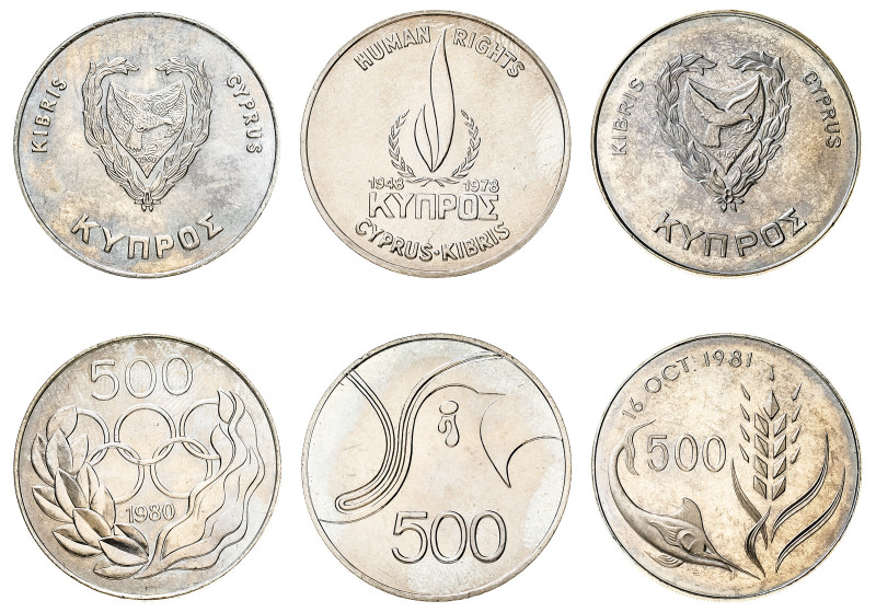 Cyprus. Republic, 1960-. Lot of 3 coins comprising of 500 Mils, 1978, Human Righ...