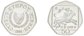 Cyprus. Republic, 1960-. AR Proof 50 Cents, 1991, Abduction of Europa (KM66a; Fitikides 221P).

Uncirculated Proof.

In original case with certificate...