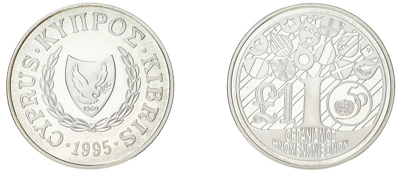 Cyprus. Republic, 1960-. AR Proof Pound, 1995, 50th Anniversary of United Nation...