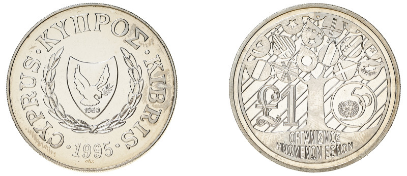 Cyprus. Republic, 1960-. Pound, 1995, 50th Anniversary of United Nations, 28.70g...