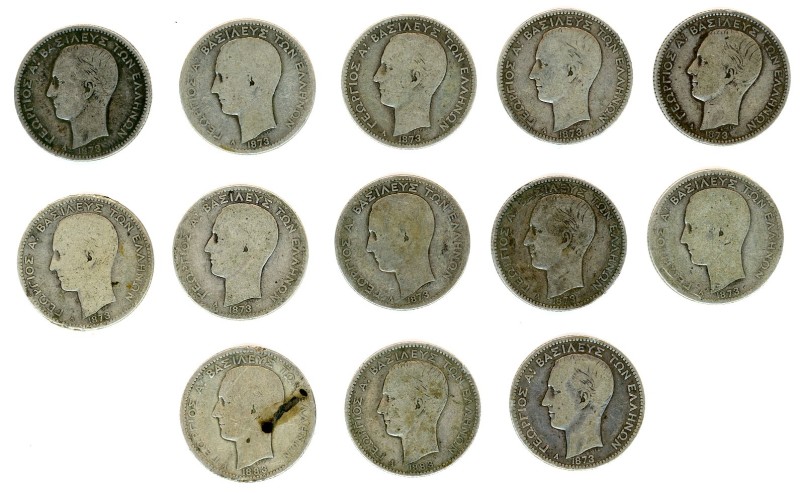 Greece, King George I, 1863-1913. Lot of 13 coins comprising Drachma (11), 1873 ...