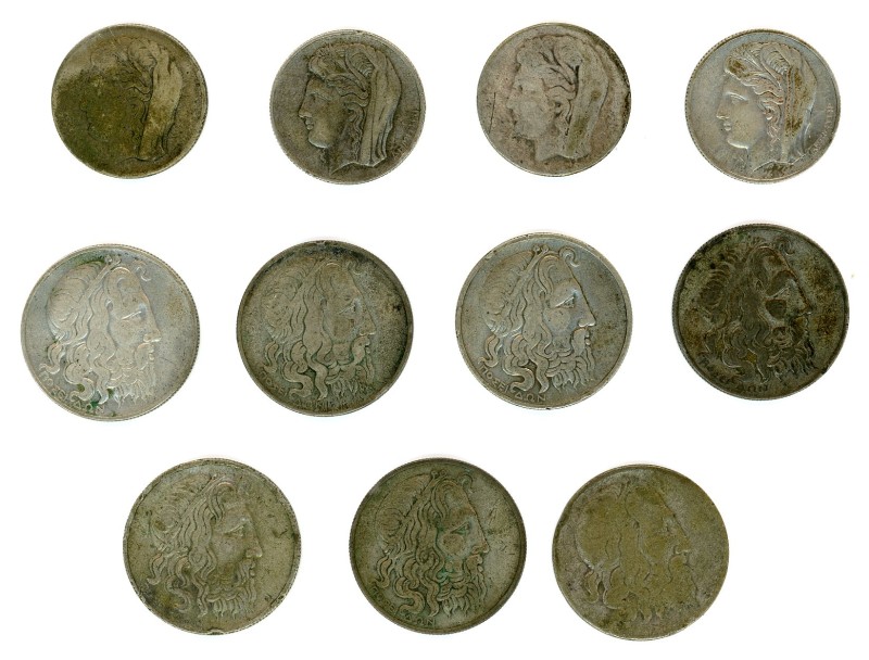 Greece, First Republic, 1924-1935. Lot of 11 coins comprising 10 Drachmai (4), 1...