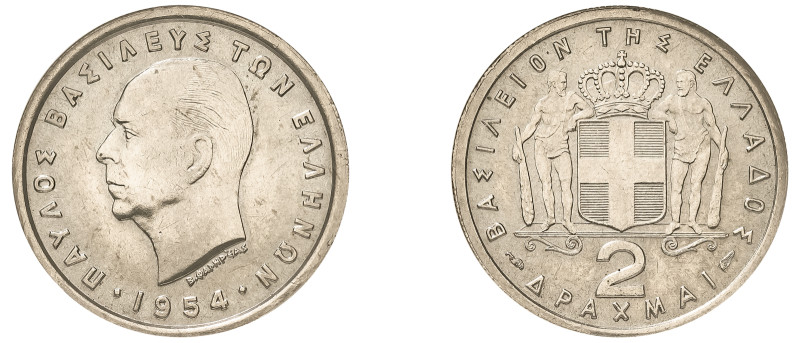 Greece, King Paul, 1947-1964. 2 Drachmai, 1954, Paris mint (KM82; Divo 118a).

G...