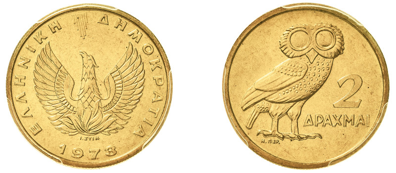Greece, Republic, 1973-1974. 2 Drachmai, 1973 B, Athens mint (KM108).

Graded MS...