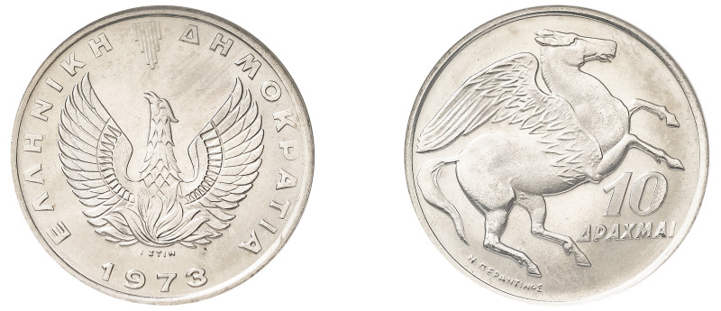 Greece, Republic, 1973-1974. 10 Drachmai, 1973 B, Athens mint (KM110).

Graded M...