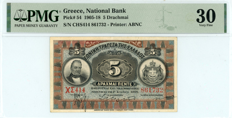Greece
National Bank (ΕΘΝΙΚΗ ΤΡΑΠΕΖΑ)
5 Drachmai, 1st July 1908 (1905-1918)
S/N ...