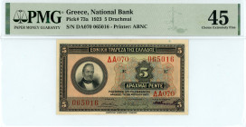 Greece
National Bank (ΕΘΝΙΚΗ ΤΡΑΠΕΖΑ)
5 Drachmai, 28 April 1923
S/N ΔΑ070 065016
Printer: ABNC
Pick 73a; Pitidis 69b

Graded Choice Extremely Fine 45 ...