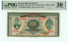 Greece
Bank of Greece (ΤΡΑΠΕΖΑ ΤΗΣ ΕΛΛΑΔΟΣ)
100 Drachmai, 14 June 1927 (ND 1928)
Red overprint “ΤΡΑΠΕΖΑ ΤΗΣ ΕΛΛΑΔΟΣ”
S/N ΞΨ081 928563
Printer: ABNC
Pi...