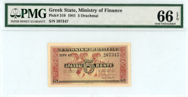 Greece
Greek State (ΕΛΛΗΝΙΚΗ ΠΟΛΙΤΕΙΑ)
5 Drachmai, 18 June 1941
S/N KZ 267347
Printer: Aspiotis-ELKA
Pick 319; Pitidis 319

Graded Gem Uncirculated 66...