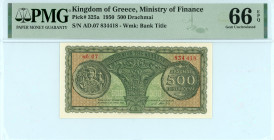 Greece
Kingdom of Greece (BΑΣΙΛΕΙΟΝ ΤΗΣ ΕΛΛΑΔΟΣ)
Ministry of Finance
500 Drachmai, 10th July 1950
S/N αδ.07 834418
Watermark: Bank Title
Pick 325a; Pi...