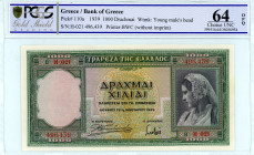 Greece
Bank of Greece (ΤΡΑΠΕΖΑ ΤΗΣ ΕΛΛΑΔΟΣ)
1000 Drachmai, 1st January 1939
S/N H-021 496439
Printer: BWC (without imprint)
Wmk: Archaic Head 
Pick 11...