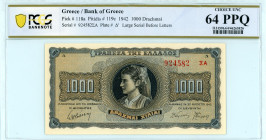 Greece
Bank of Greece (ΤΡΑΠΕΖΑ ΤΗΣ ΕΛΛΑΔΟΣ)
German & Italian Occupation WWII
1000 Drachmai, 21st August 1942
Large Serial Before Letters
S/N 924582 ΣΑ...