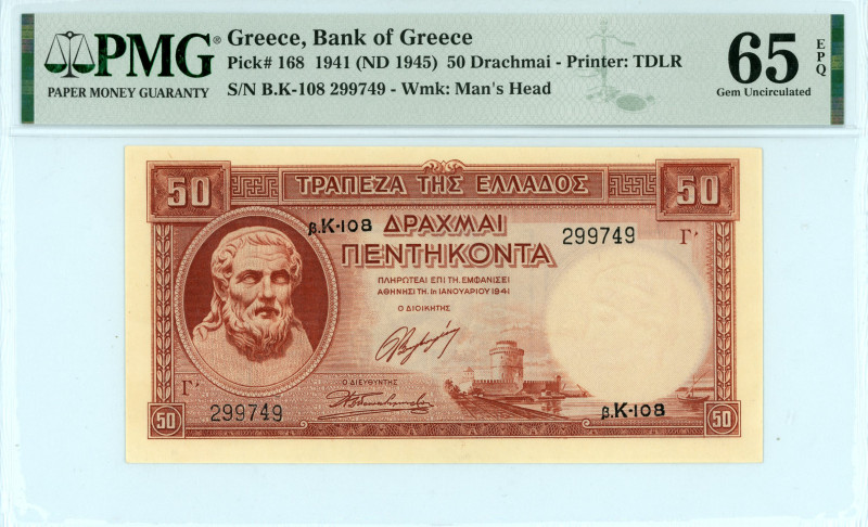 Greece
Bank of Greece (ΤΡΑΠΕΖΑ ΤΗΣ ΕΛΛΑΔΟΣ)
50 Drachmai, 1st January 1941 (ND 19...