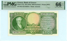 Greece
Bank of Greece (ΤΡΑΠΕΖΑ ΤΗΣ ΕΛΛΑΔΟΣ)
500 Drachmai, ΝD (1945)
S/N μ.Ι-153 383915
Printer: BWC
Watermark: Aristotle
Pick 171a; Pitidis 153

Grade...